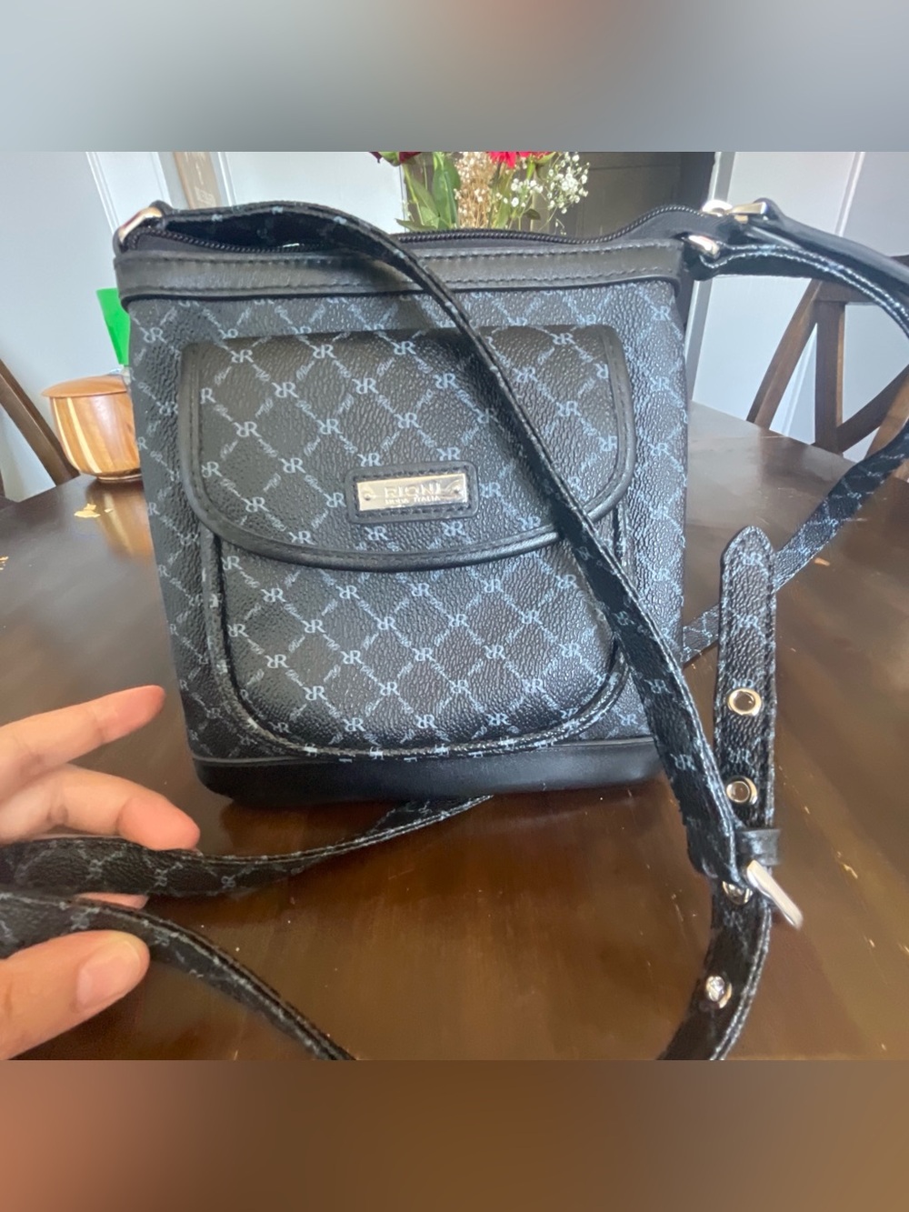 Rioni Black Logo-Print Shoulder Bag with Metal Nameplate